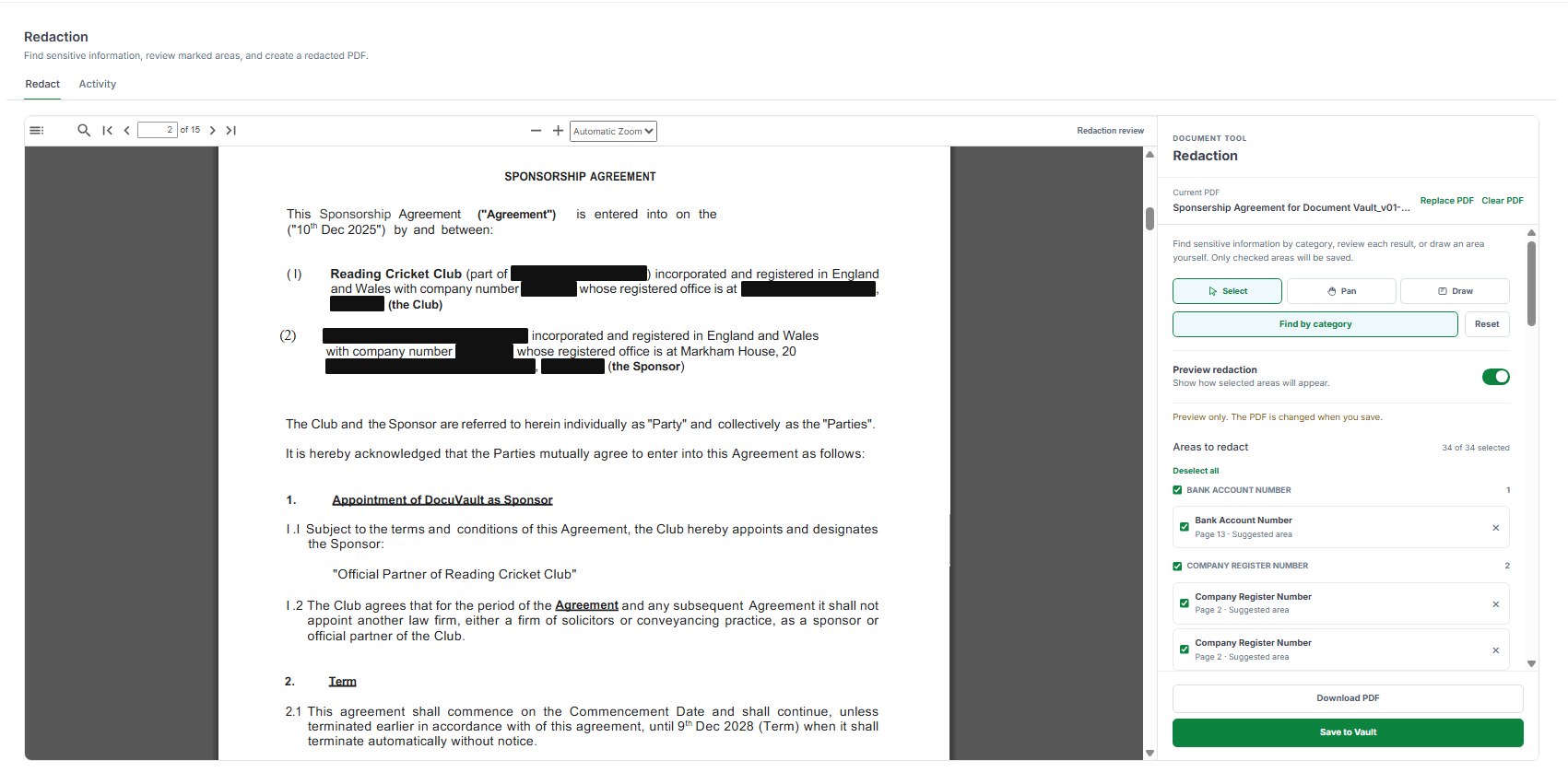 Vault AI identifying and previewing sensitive information for redaction in a sponsorship agreement