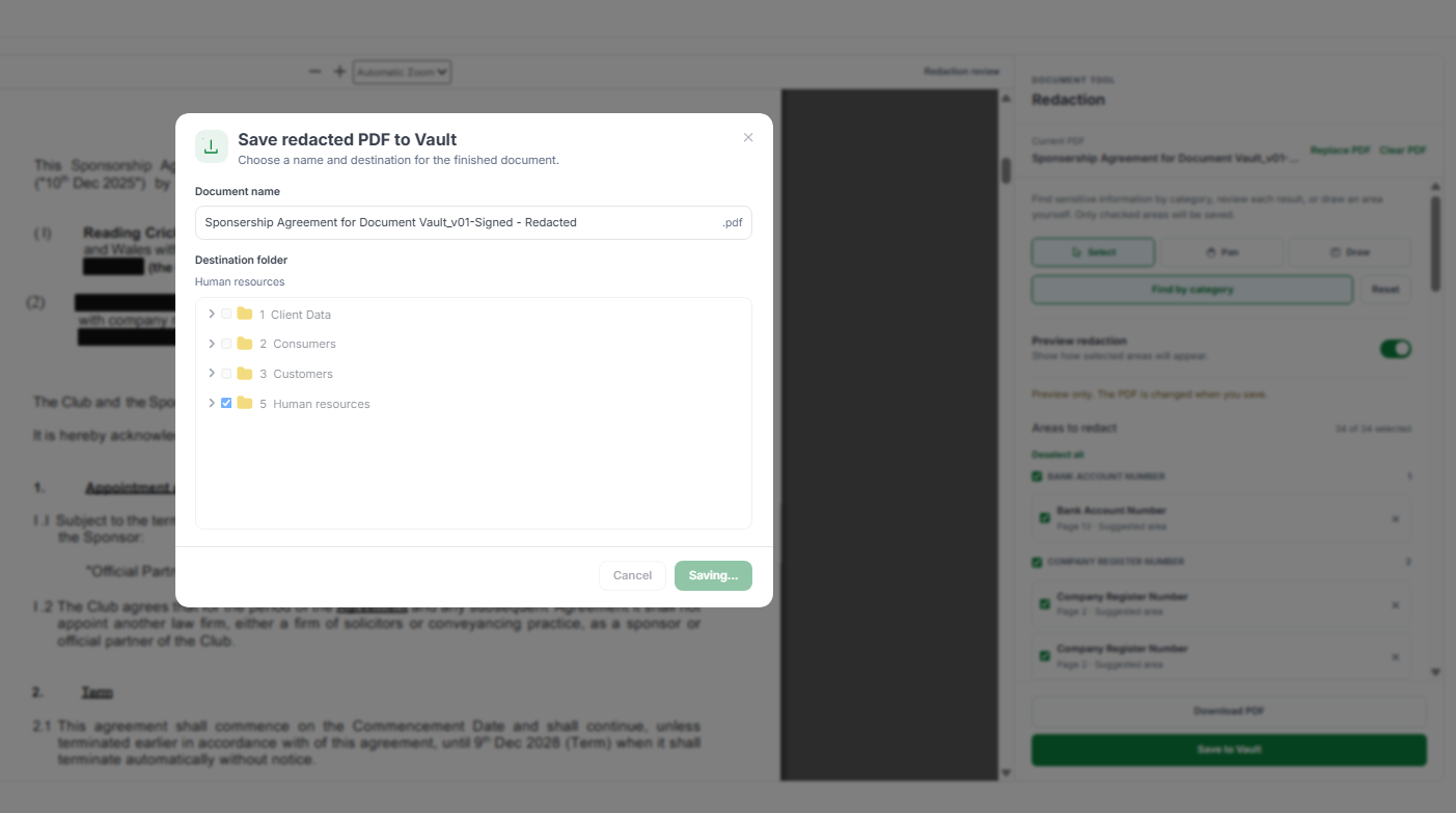 Save redacted PDF to Vault dialog