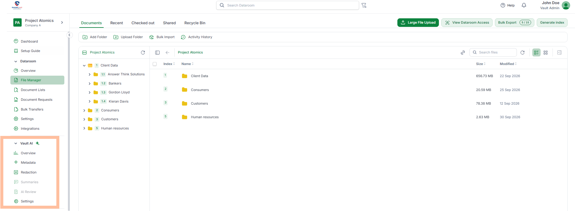 Document Vault file manager with the Vault AI tools for metadata, redaction, summaries, and AI review